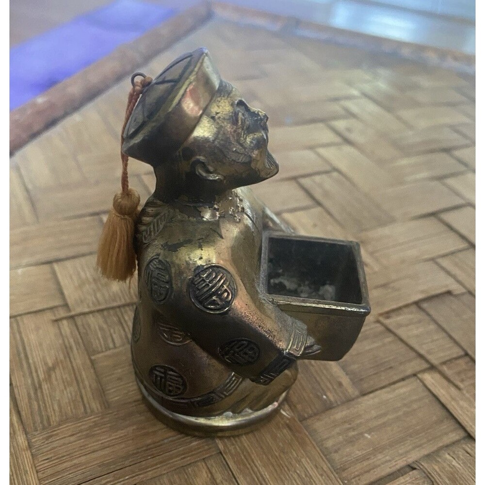 Chinese Brass Seated Man Figurine Statue Holding Square Tray Dish w/ Tassel